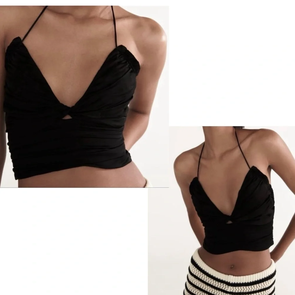 Zara Black Ruched Cut Out Crop Top Camisole sweetheart neckline strappy M NWOT - Picture 10 of 10